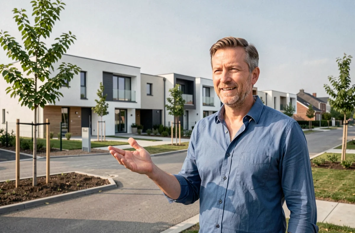 Agent d'Acces Libre présentant un programme de maisons neuves dans une résidence moderne en Maine-et-Loire
