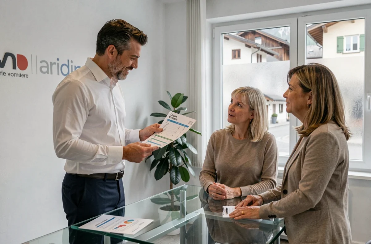 Conseiller Ace Crédit Haute-Savoie présentant des options de crédit immobilier à un couple dans un bureau épuré