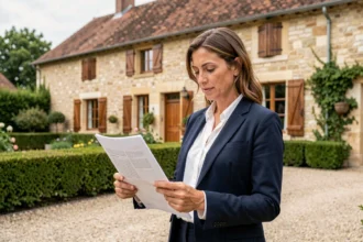 Femme agent immobilier devant une maison en pierre française avec documents d'achat immobilier