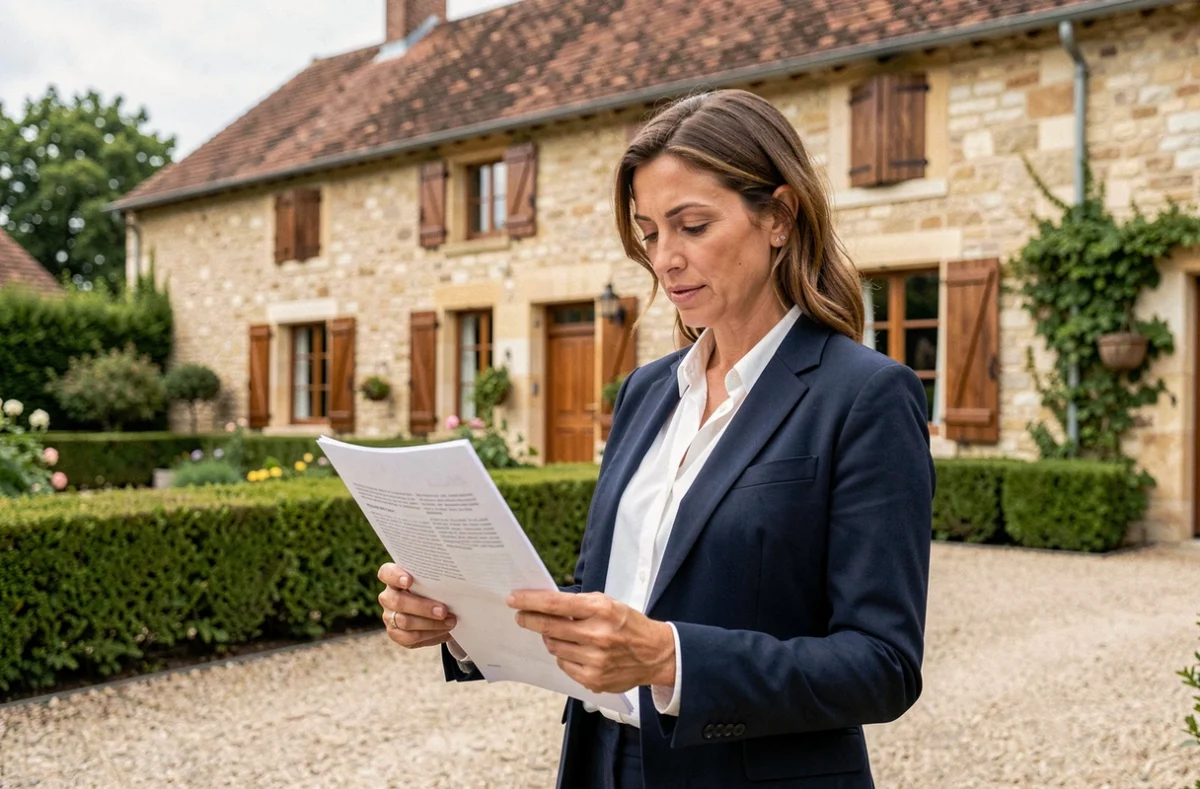 Femme agent immobilier devant une maison en pierre française avec documents d'achat immobilier