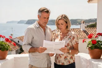 Couple francophone sur une terrasse d'appartement à Rosas en Espagne, consultant des documents immobiliers avec des expressions perplexes