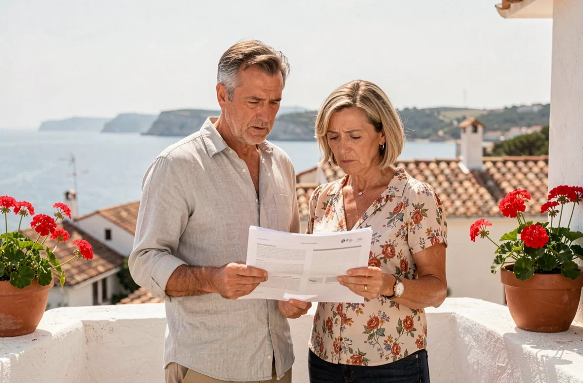 Couple francophone sur une terrasse d'appartement à Rosas en Espagne, consultant des documents immobiliers avec des expressions perplexes