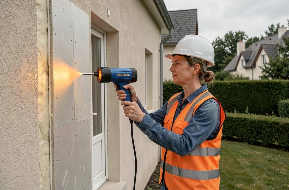 Auditrice énergétique d'AEC Jamin inspectant l'isolation extérieure d'une maison avec une caméra thermique