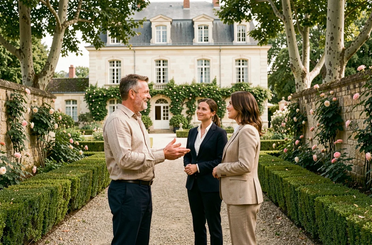 Agent de l'Agence de l'Anjou présentant un manoir historique en tuffeau à un couple dans le jardin formel de la propriété