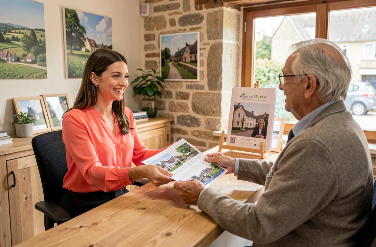 Agente de l'Agence Maytaise remettant des brochures immobilières à un couple de clients dans une agence conviviale en Anjou