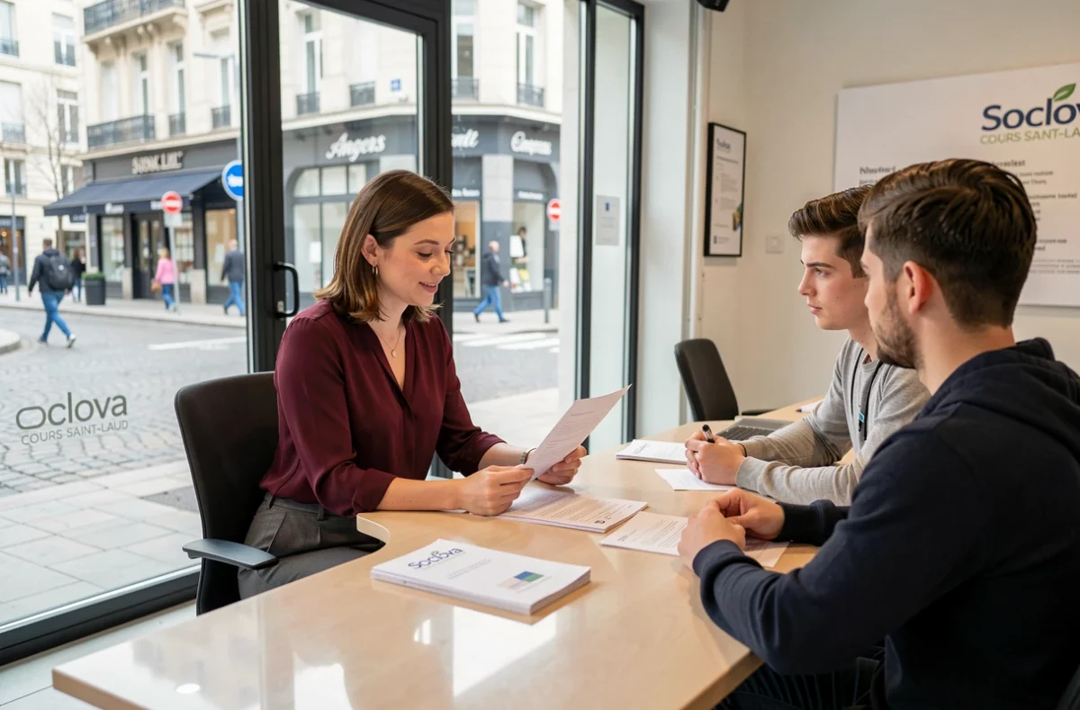 Agente de l'agence Soclova Cours Saint-Laud à Angers discutant d'un contrat immobilier avec un couple de clients