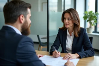Agent immobilier et propriétaire examinant un contrat de gestion locative dans une agence immobilière moderne