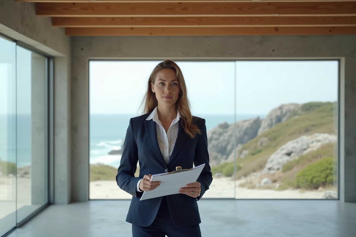 Agent immobilière inspectant une maison vue sur la mer avec liste de vérification avant signature