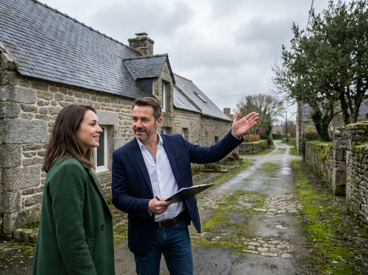 Agent immobilier présentant une longère bretonne en pierre à une cliente potentielle