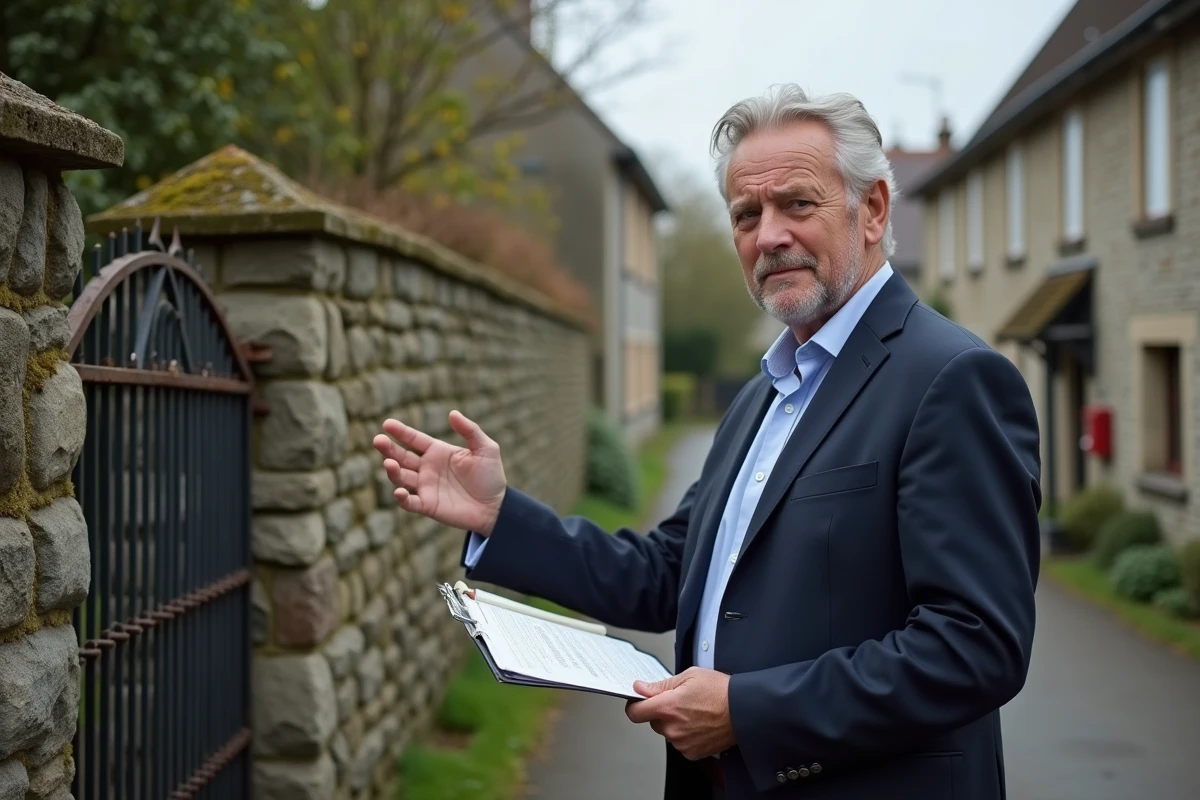 Agent immobilier devant une maison normande à colombages en bord de mer, pointant des défauts visibles comme un portail rouillé et un mur en pierre envahi par la mousse affectant l'estimation du bien