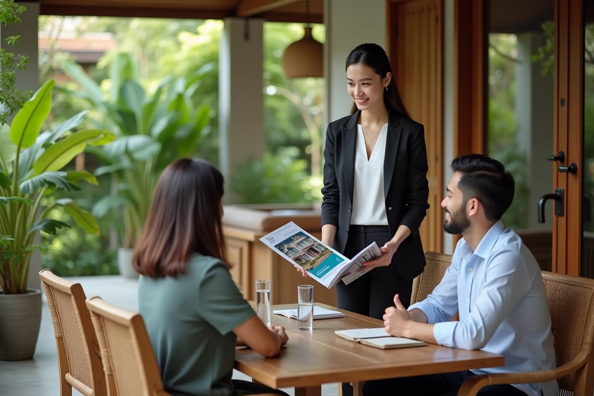 Agent immobilier thaïlandaise présentant des annonces de maisons à un couple étranger dans un jardin tropical en Thaïlande