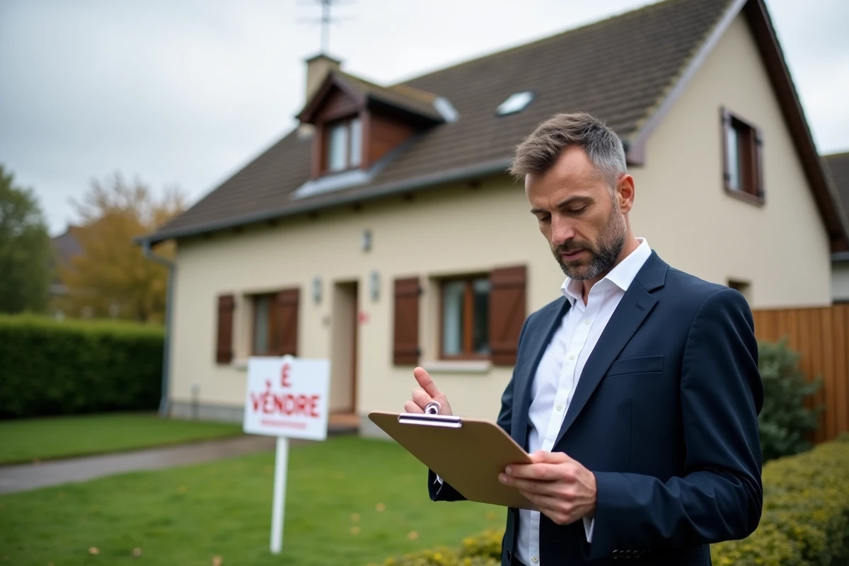 Agent immobilier devant une maison à vendre avec panneau pour vente urgente liée à un divorce