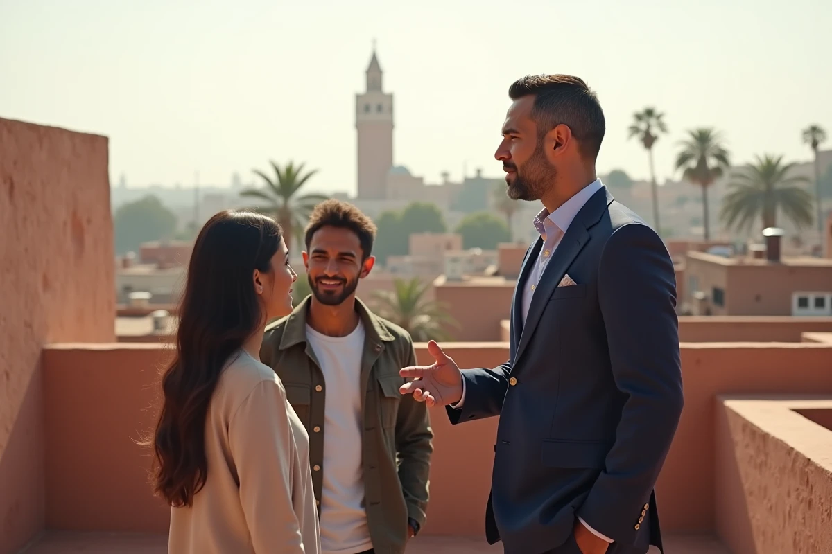 Agent immobilier présentant une propriété en terrasse avec vue sur la médina de Marrakech