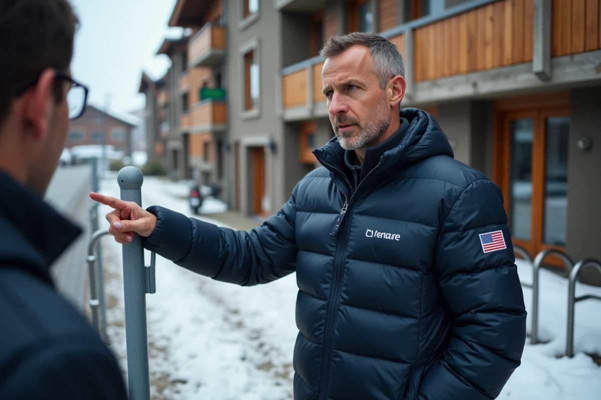 Agent immobilier présentant un appartement à vendre aux Menuires devant une résidence de station de ski