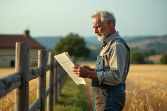 Agriculteur tenant un bail rural devant ses terres agricoles, exprimant une mine perplexe face aux clauses du contrat