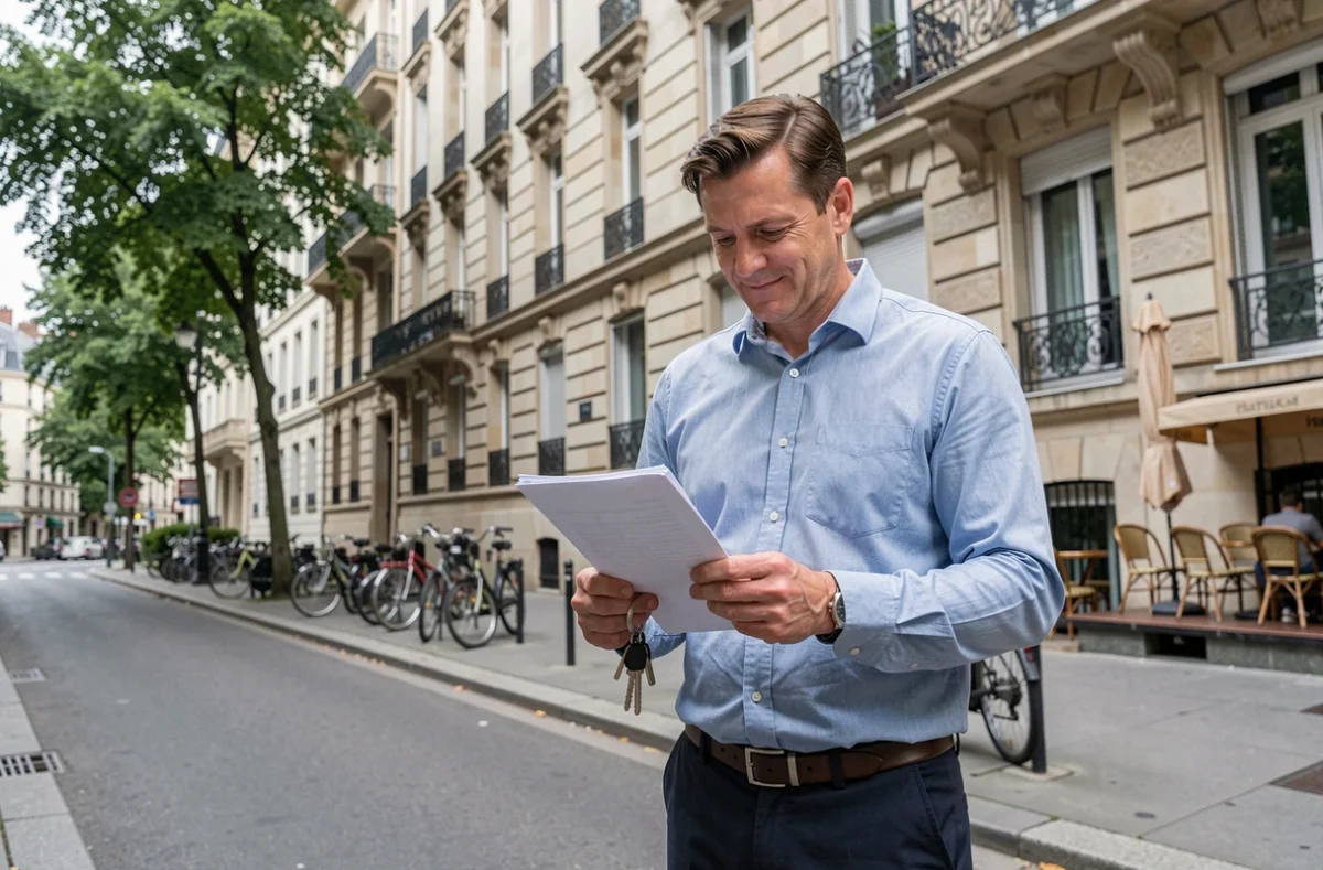 Employé en mobilité professionnelle tenant des clés devant un immeuble résidentiel urbain après un accompagnement au logement par un CIL