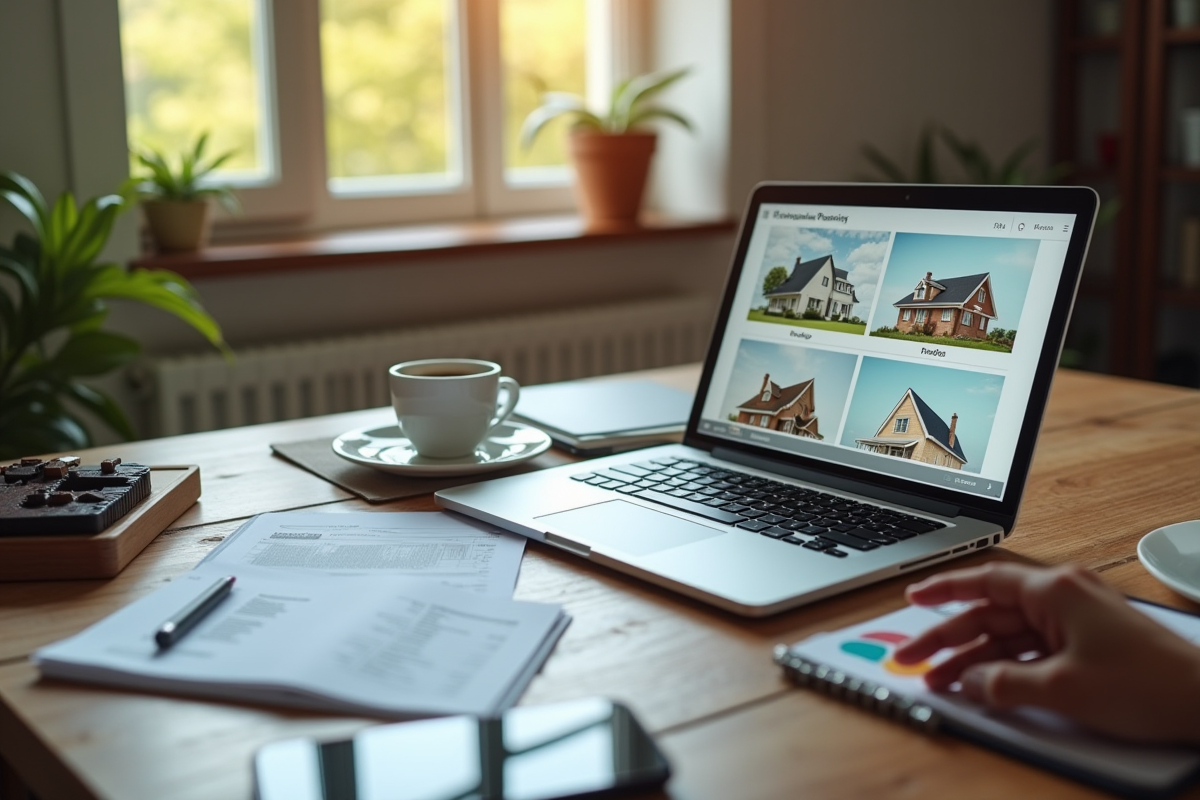 Personne analysant des annonces immobilières sur un ordinateur portable