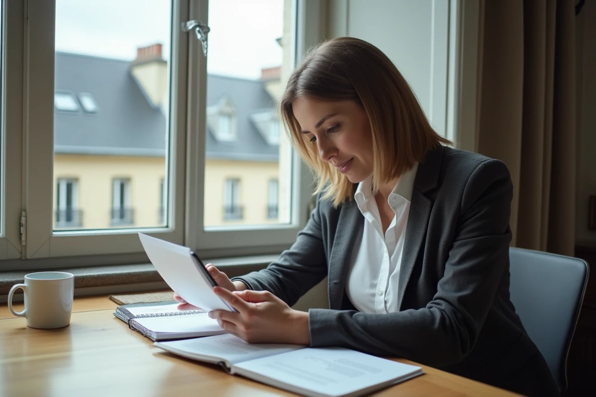 Femme consultant une annonce immobilière parisienne sur mobile depuis son bureau à domicile