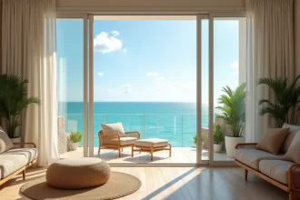 Salon moderne d'un appartement à Dakar avec vue mer panoramique depuis le balcon