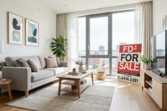 Appartement lumineux mis en vente avec panneau près de la fenêtre