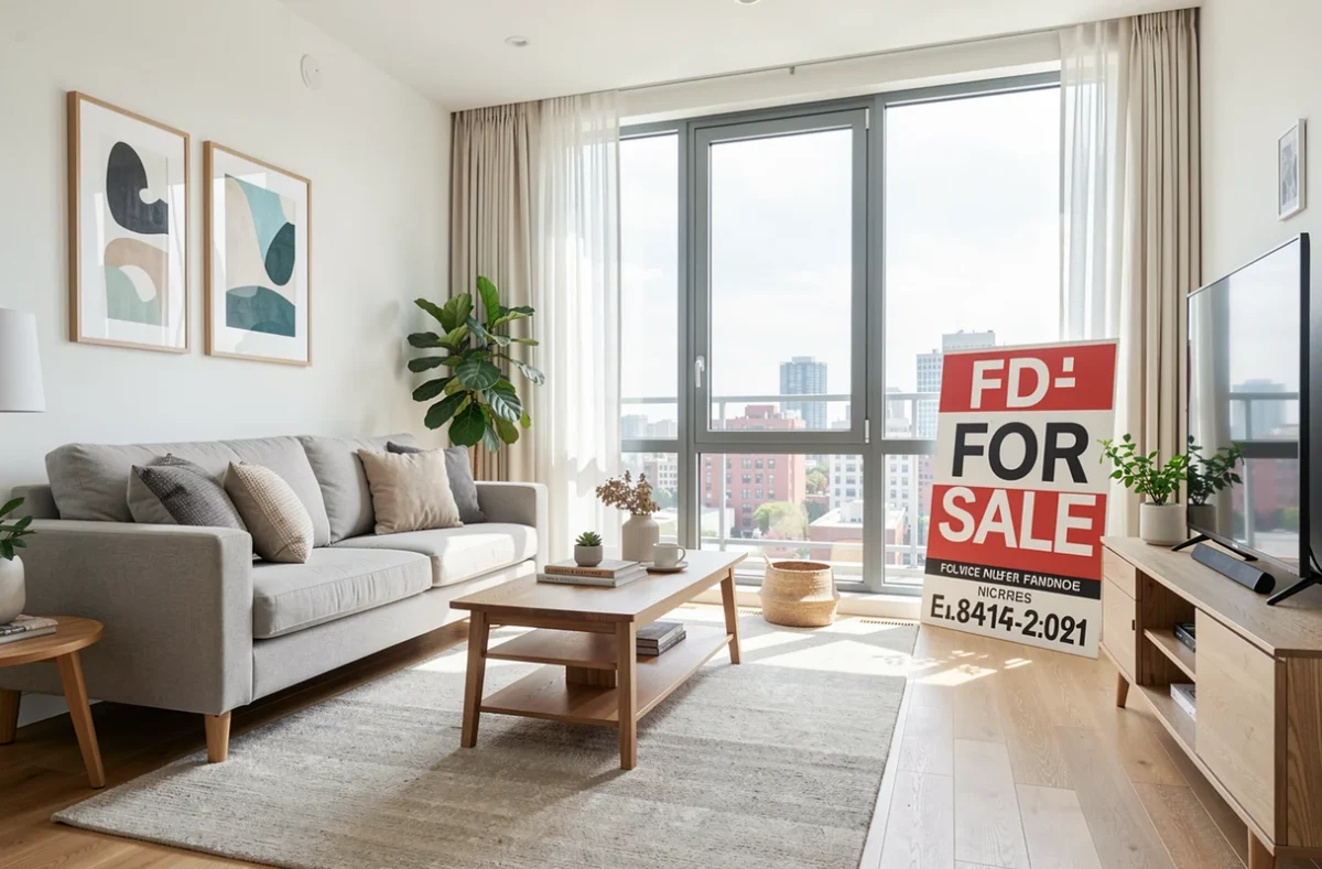Appartement lumineux mis en vente avec panneau près de la fenêtre