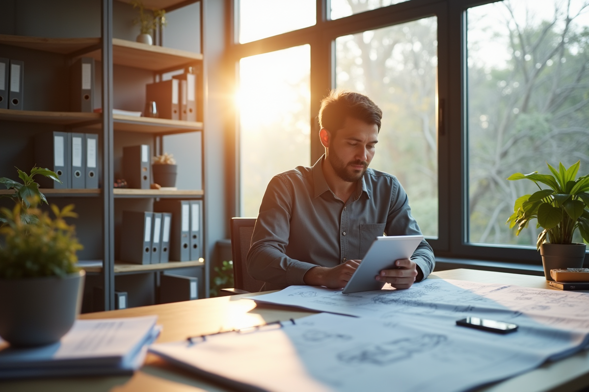 Architecte au bureau moderne avec plans et tablette