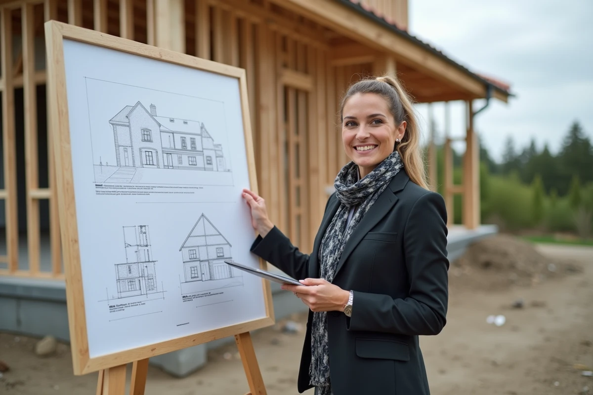 Architecte femme tenant une tablette devant un chantier en construction