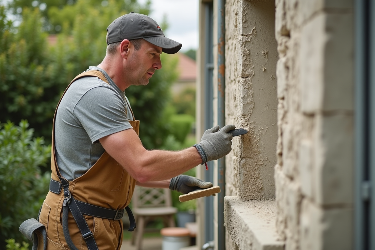 Artisan appliquant du crépi sur un mur extérieur avec précision