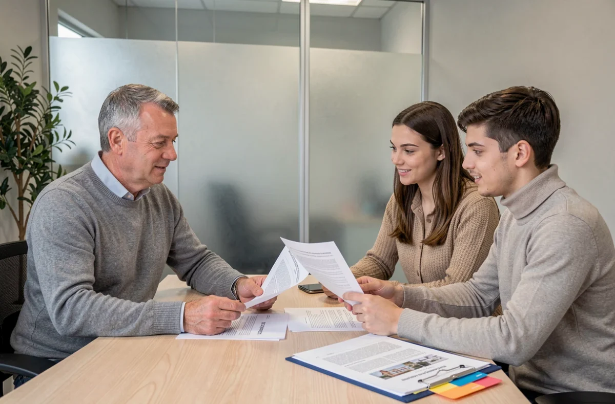 Conseiller logement social expliquant les étapes d'attribution à un jeune couple en agence