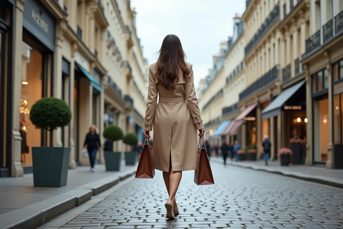 Femme élégante portant des sacs de luxe avenue Montaigne dans le 8e arrondissement de Paris