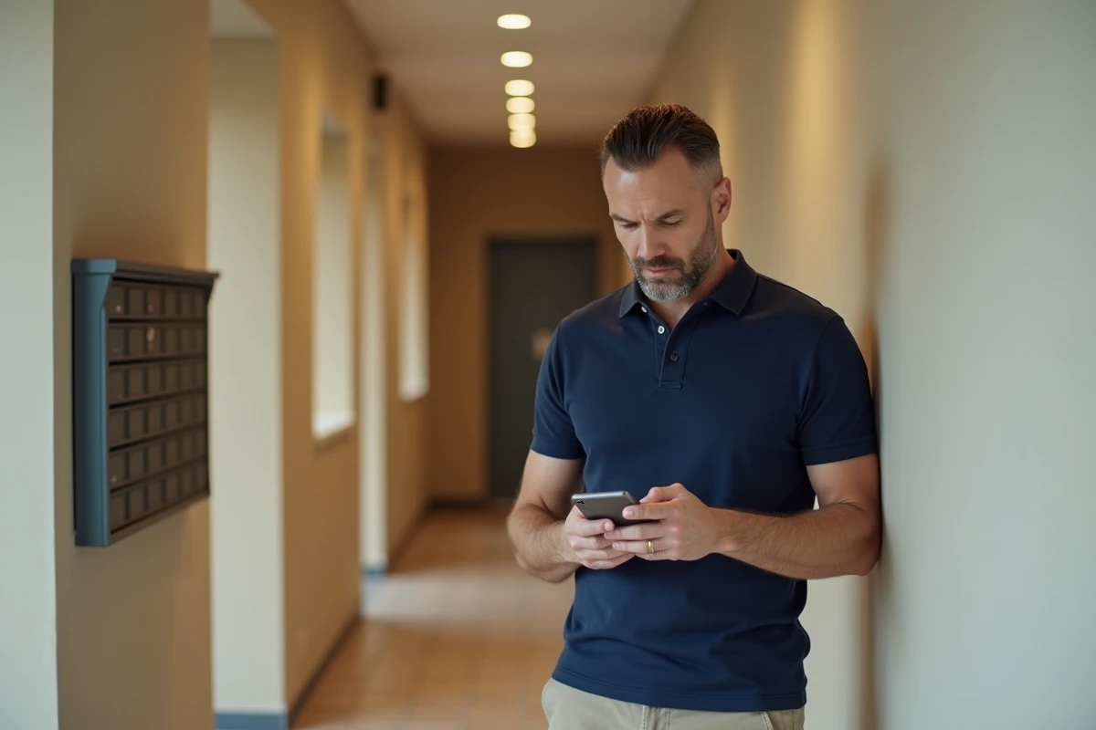 Locataire consultant des avis en ligne sur la gestion Cileo dans le couloir d'une résidence