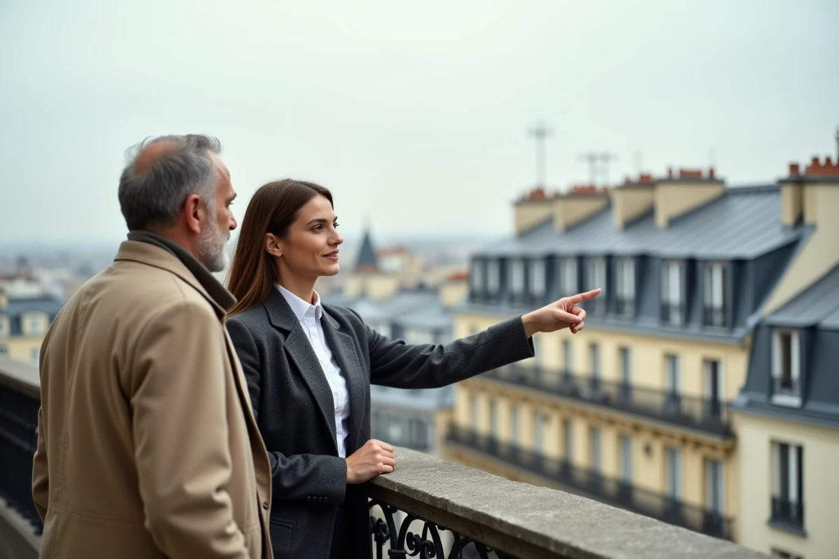Agent immobilier et acheteur sur le balcon d'un appartement haussmannien à Paris, discutant d'un investissement immobilier en 2026 avec vue sur les toits parisiens