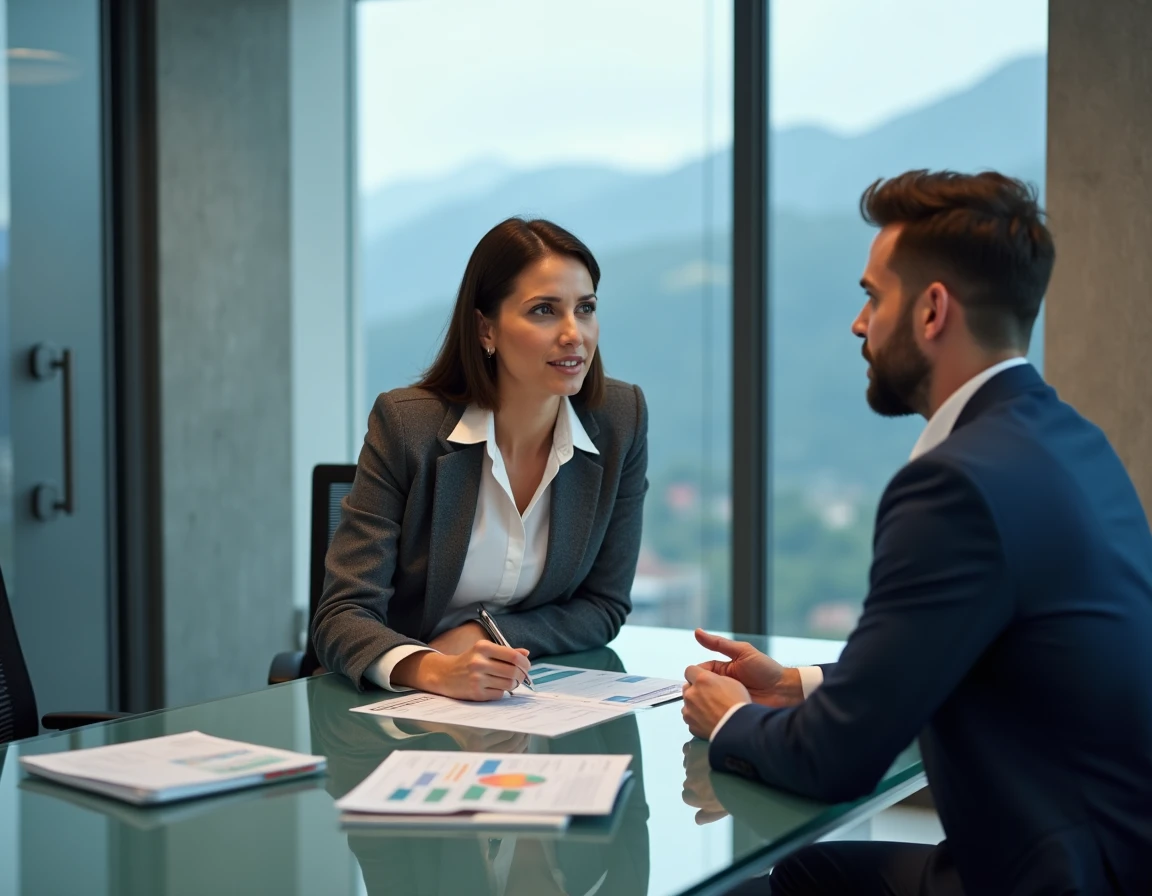 Conseillère bancaire en Andorre discutant d'un prêt immobilier avec un client
