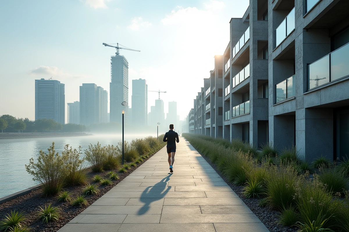 Vue du bord de Seine à Alfortville avec chantier de logements neufs et promenade riveraine aménagée