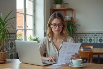 Femme consultant un budget sur ordinateur portable dans un appartement meublé de Lisbonne avec carreaux azulejo et vue sur les toits