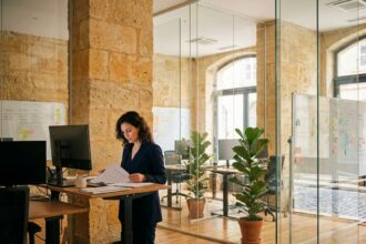 Femme cadre dans un bureau moderne à Bordeaux alliant architecture haussmannienne et design contemporain