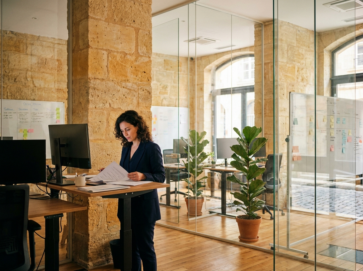 Femme cadre dans un bureau moderne à Bordeaux alliant architecture haussmannienne et design contemporain