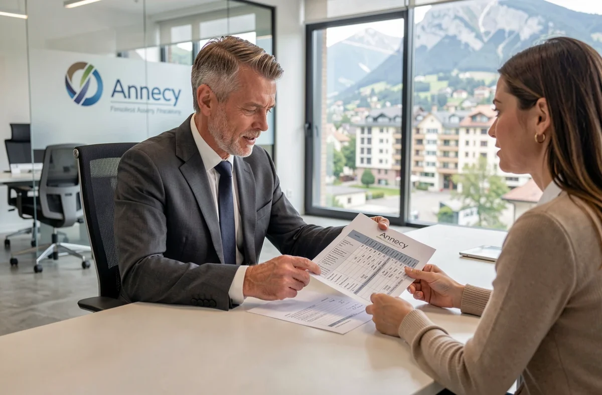Courtier Cafpi Annecy expliquant un tableau d'amortissement de prêt immobilier à des clients dans un bureau moderne