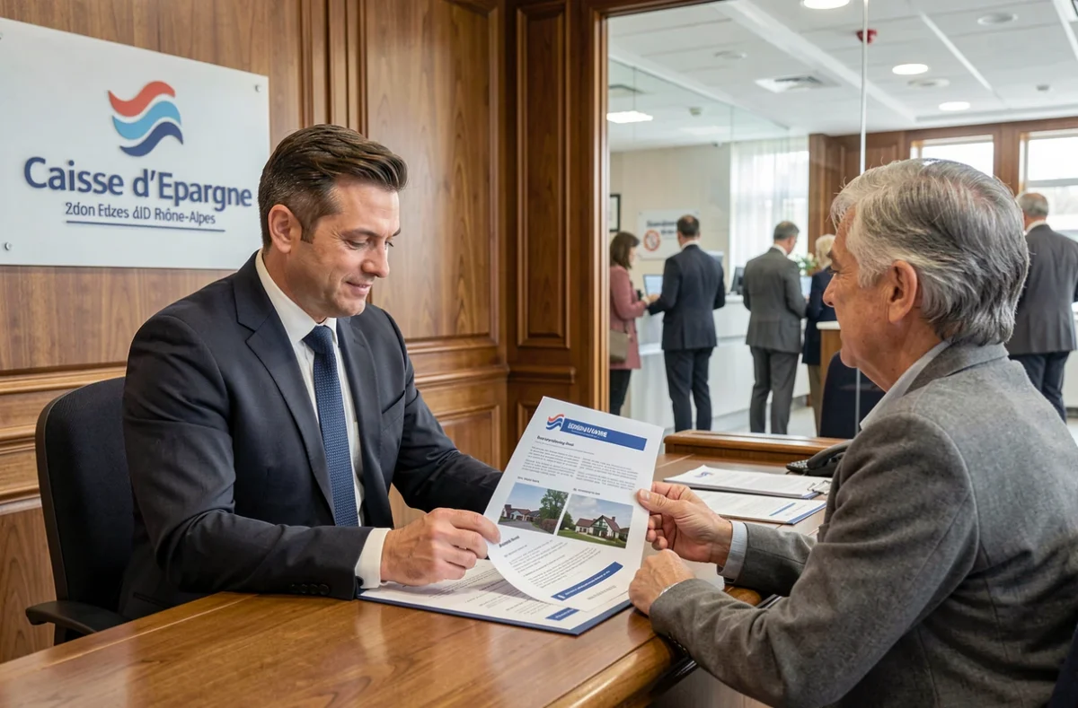 Conseiller en courtage de la Caisse d'Epargne Rhône-Alpes présentant une offre de prêt immobilier à des clients en agence