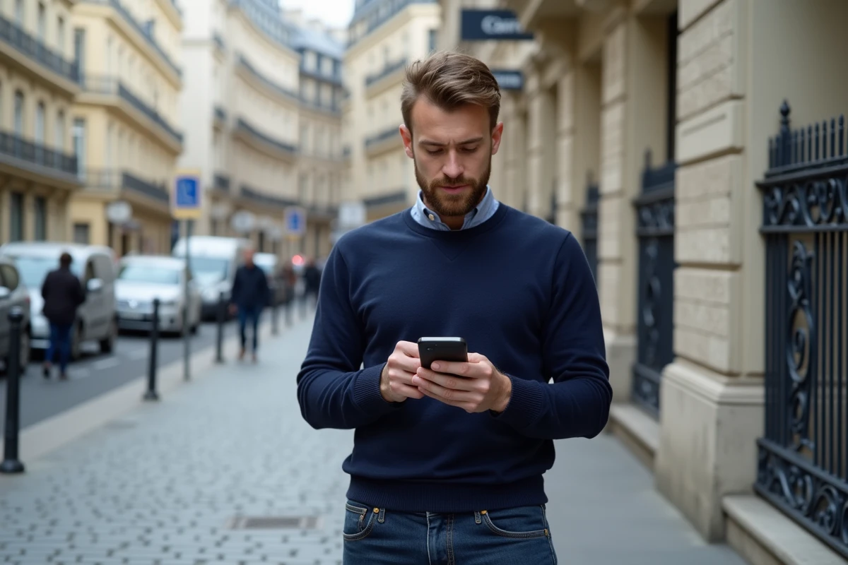 Homme envoyant une candidature locative depuis son téléphone dans une rue de Paris