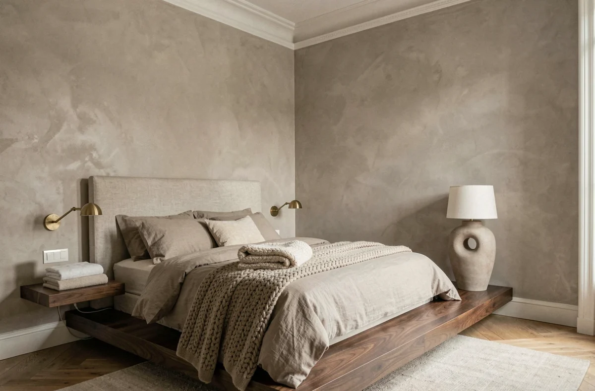 Chambre dans un appartement haussmannien avec mobilier contemporain en noyer, tête de lit en lin et détails classiques en corniche