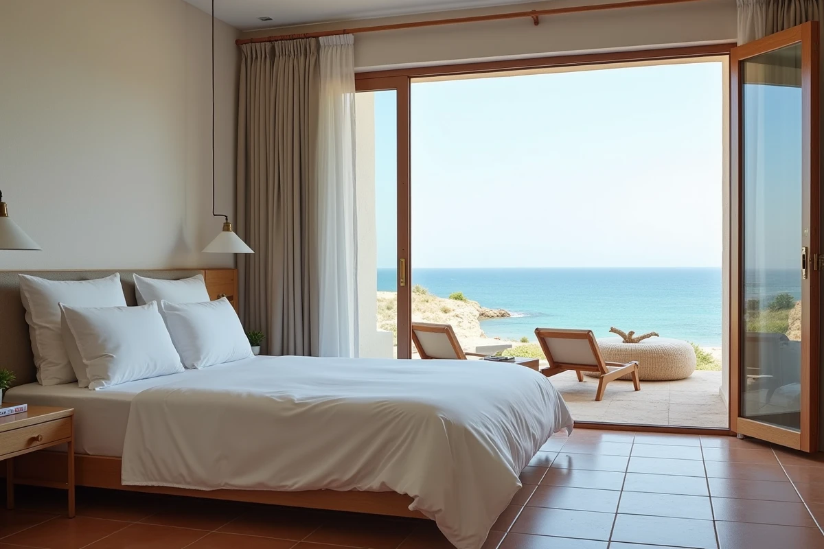 Chambre épurée d'un appartement en location à Dakar avec fenêtre ouverte sur la mer et la côte sénégalaise
