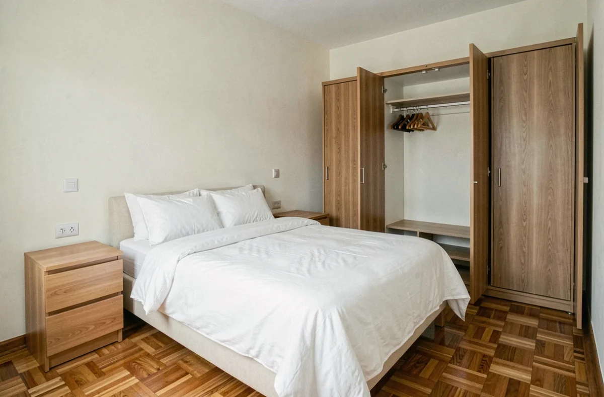 Chambre meublée avec lit double, tables de chevet et armoire conforme aux exigences légales pour la location meublée