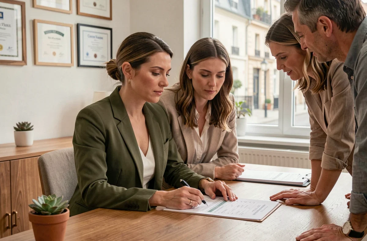 Conseillère CIB Finance analysant un dossier de financement immobilier avec un couple de clients dans un bureau chaleureux