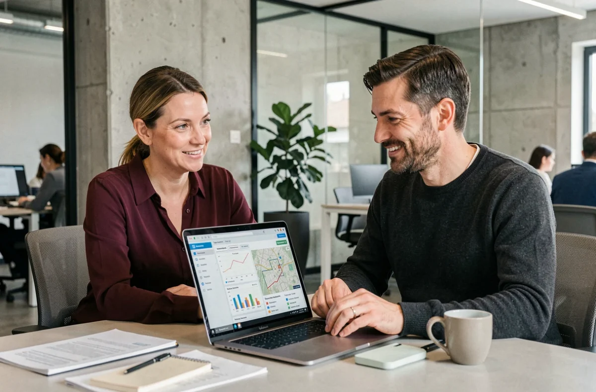 Deux professionnels de l'immobilier collaborant sur un tableau de bord de données foncières pour évaluer les risques lors d'une réunion