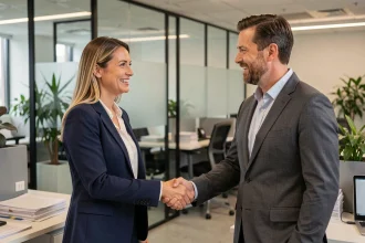 Professionnelle et responsable RH se serrant la main lors d'un entretien de recrutement lié à la mobilité professionnelle dans un bureau moderne