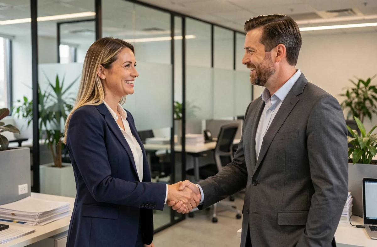 Professionnelle et responsable RH se serrant la main lors d'un entretien de recrutement lié à la mobilité professionnelle dans un bureau moderne