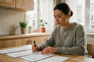 Femme comparant des contrats d'assurance habitation sur une table en bois dans une cuisine moderne