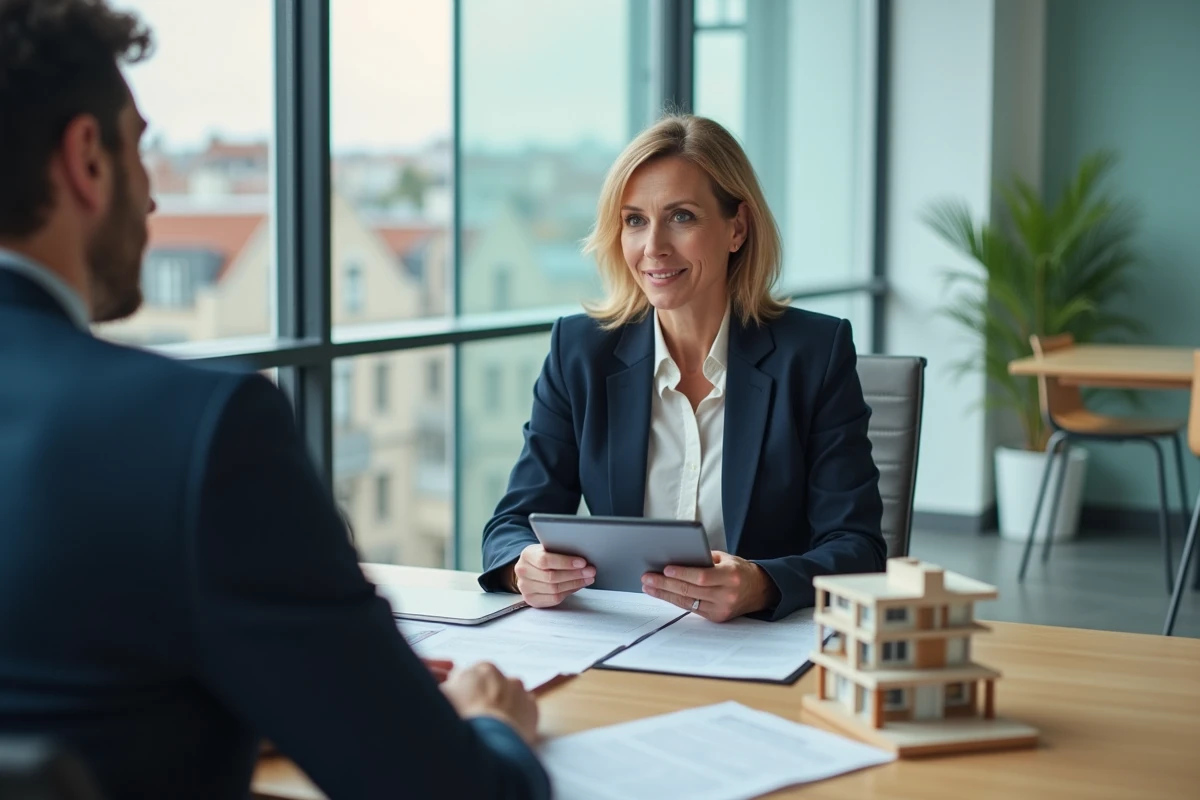 Agent immobilière conseillant un primo-accédant dans une agence immobilière moderne à Lyon
