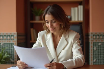 Femme consultant un contrat immobilier dans un bureau de notaire à Marrakech avant l'achat d'une maison